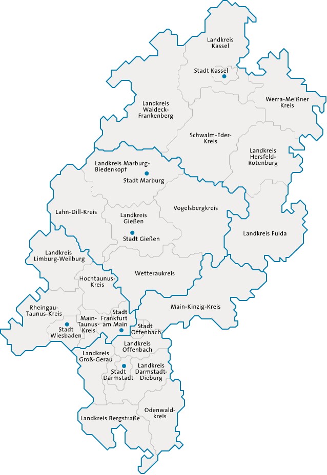 Auf dem Bild ist die Landkarte Hessen mit seinen Landkreisen zu sehen