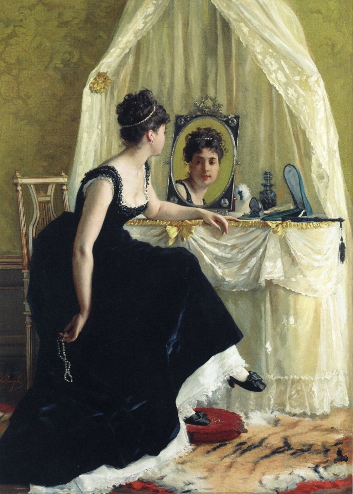 Auf dem Bild ist eine Frau zu sehen. Sie schaut sich yên lặng Spiegel an.