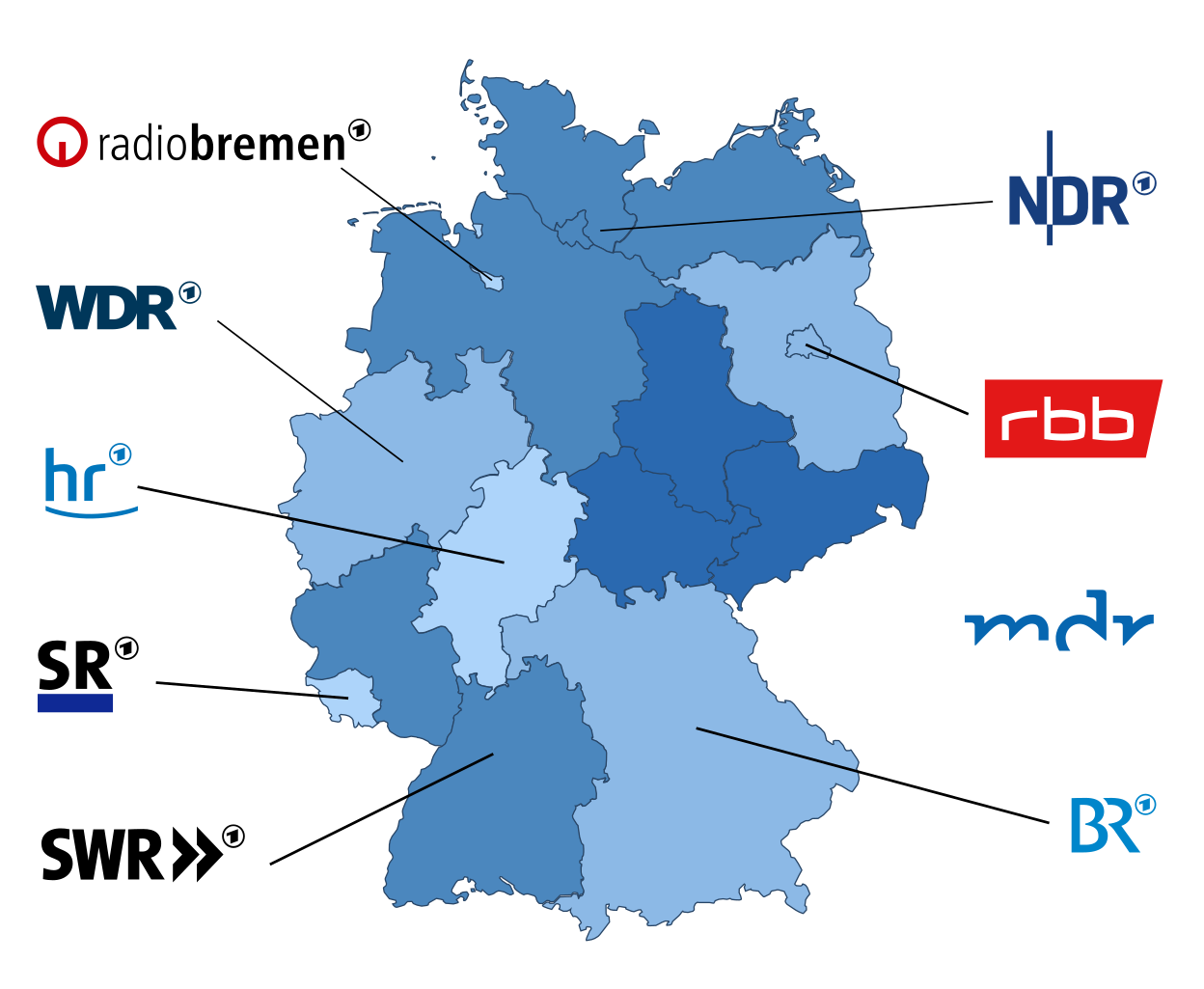 Auf dem Bild sind Rundfunkanstalten auf einer Deutschland·karte zu sehen