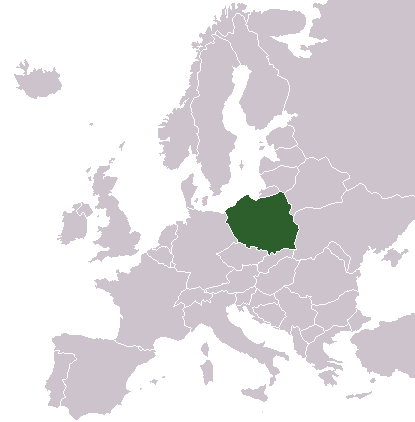 Auf dem Bild ist eine Land·karte. Das Land Polen ist mit der Farbe grün angemalt.